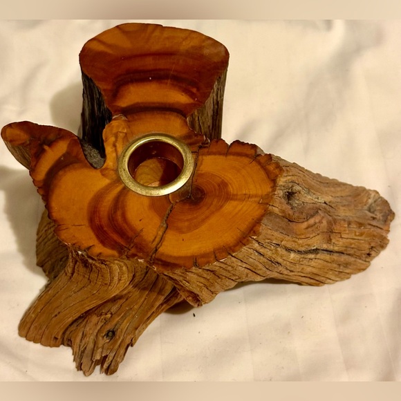 Vintage 70s Mid Century Candle Holder Raw Edge Wood Mountain Cabin Candleholder - Picture 14 of 16